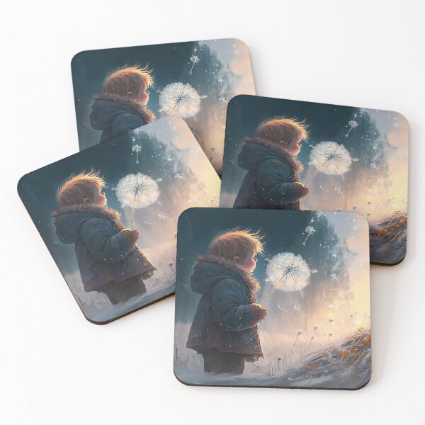 Item preview, Make a wish boy - blowing dandelion snowy icy fantasy scene designed and sold by EmeraldeaArt.