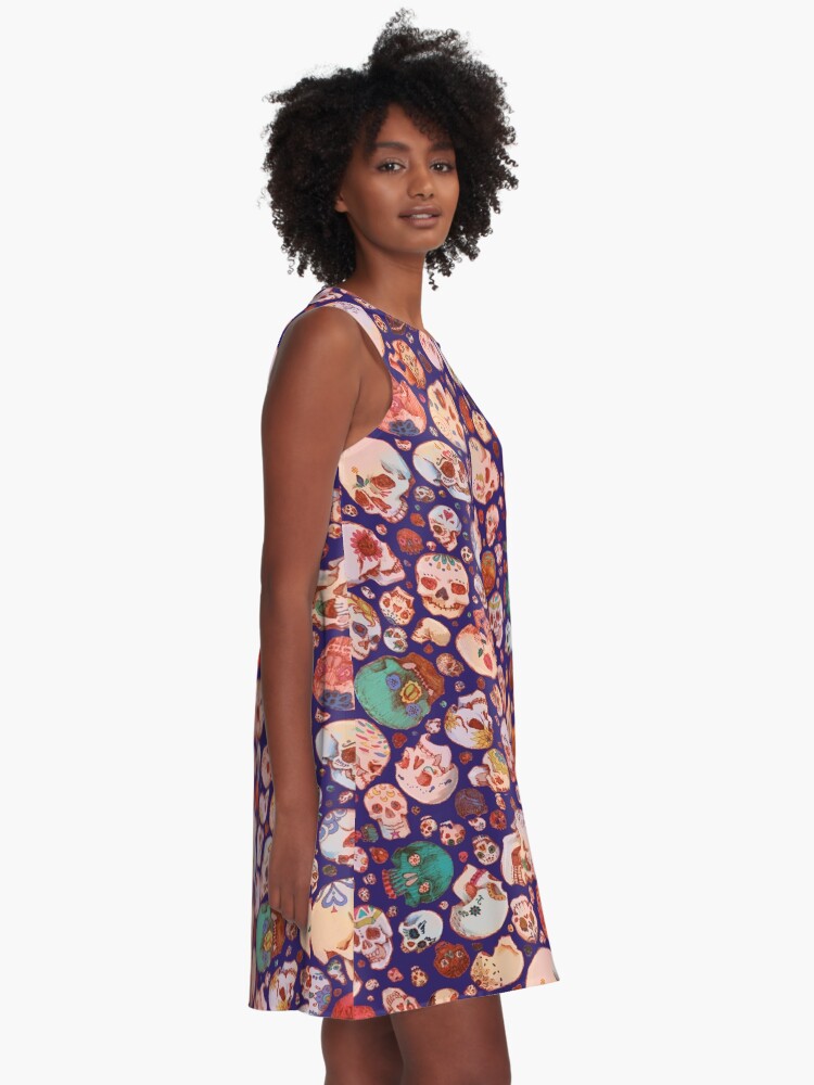 Alternate view of Skull Doodles - blue A-Line Dress