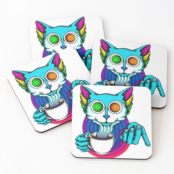 Item preview, Gato sosteniendo una taza de café en colores psicodélicos designed and sold by Monkonthehill.