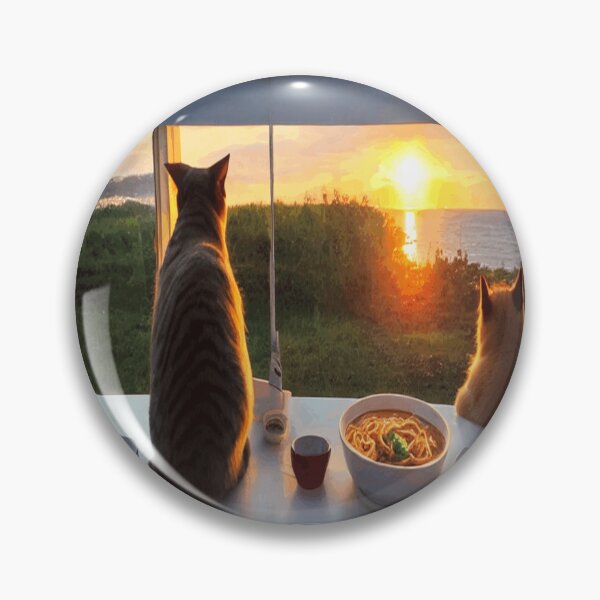 Aperçu de l'œuvre Chat regardant la scène du coucher du soleil en mangeant des spaghettis créée et vendue par funnyhalloween.