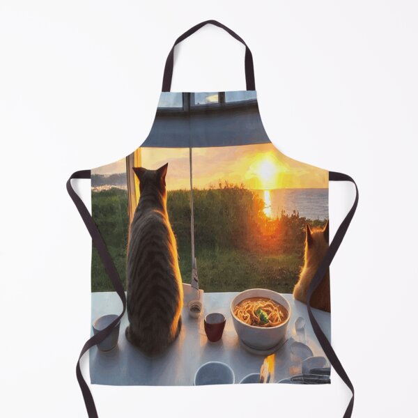 Aperçu de l'œuvre Chat regardant la scène du coucher du soleil en mangeant des spaghettis créée et vendue par funnyhalloween.