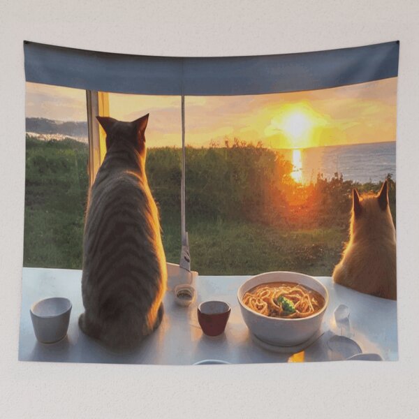 Item preview, Cat Watching Sunset Scene While Eating Spaghetti designed and sold by funnyhalloween.