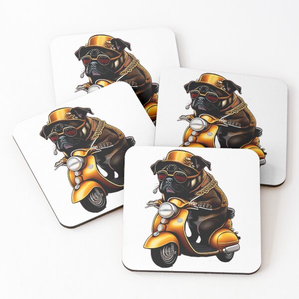 Item preview, Cute cartoon illustration of a pug dog riding a gold colored vesped moped. Digital art. designed and sold by Bookwyrm-Bazaar.