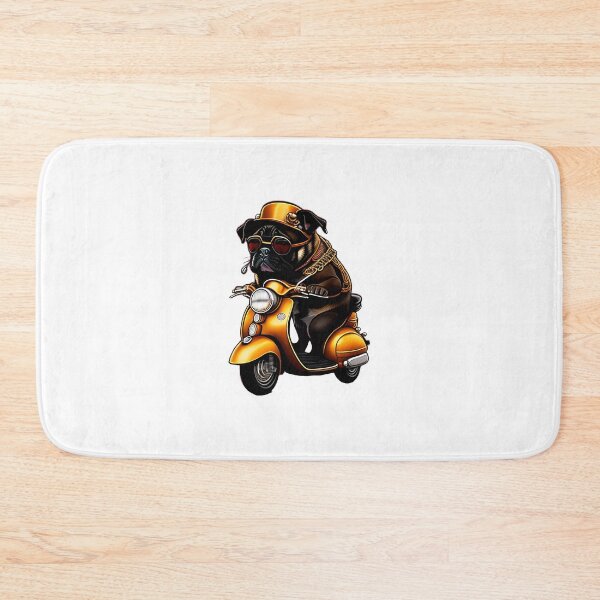 Item preview, Cute cartoon illustration of a pug dog riding a gold colored vesped moped. Digital art. designed and sold by Bookwyrm-Bazaar.