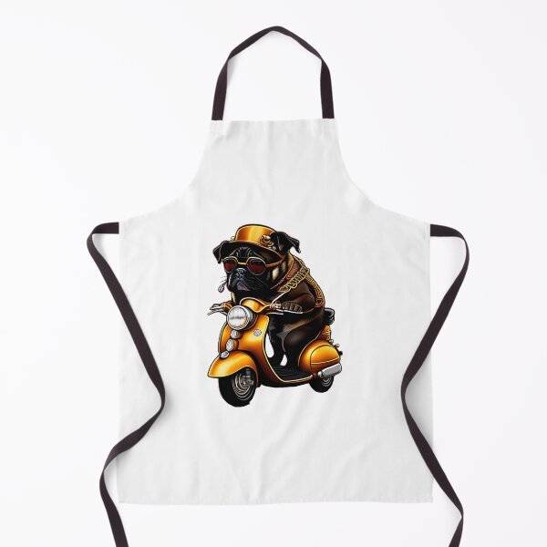 Item preview, Cute cartoon illustration of a pug dog riding a gold colored vesped moped. Digital art. designed and sold by Bookwyrm-Bazaar.