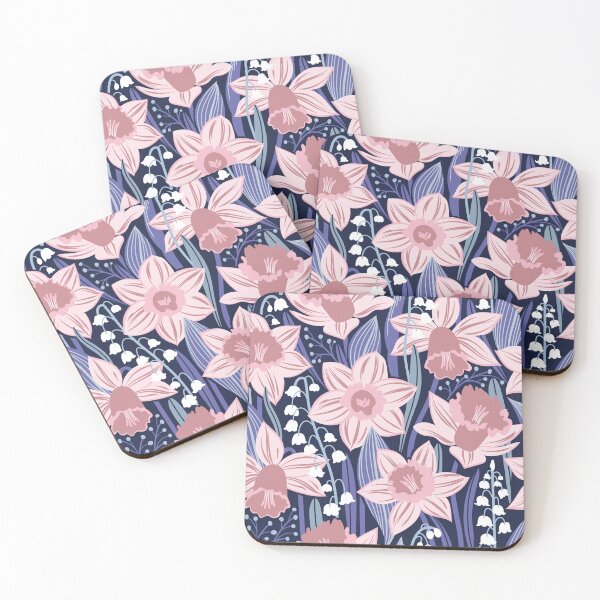 Item preview, Toxic beauty // oxford navy blue background cotton candy pink and dry rose daffodils and white lily of the valley flowers very peri and pastel blue leaves designed and sold by SelmaCardoso.
