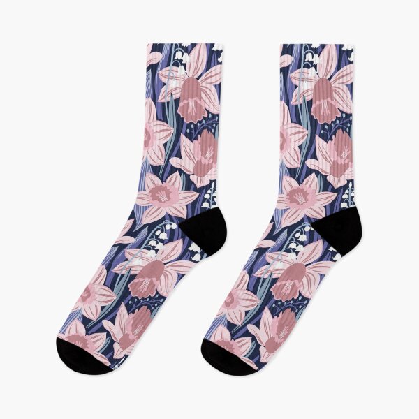 Item preview, Toxic beauty // oxford navy blue background cotton candy pink and dry rose daffodils and white lily of the valley flowers very peri and pastel blue leaves designed and sold by SelmaCardoso.