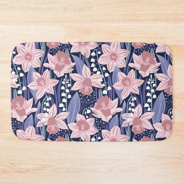 Item preview, Toxic beauty // oxford navy blue background cotton candy pink and dry rose daffodils and white lily of the valley flowers very peri and pastel blue leaves designed and sold by SelmaCardoso.