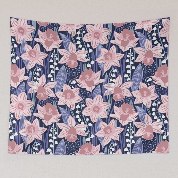 Item preview, Toxic beauty // oxford navy blue background cotton candy pink and dry rose daffodils and white lily of the valley flowers very peri and pastel blue leaves designed and sold by SelmaCardoso.