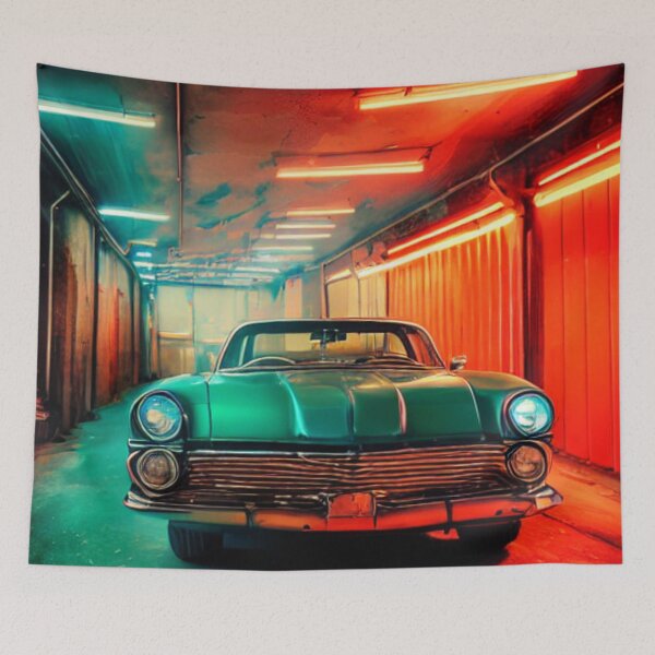 Artikelvorschau, Cinematic Dream in a Garage - A Classic Car's Neon Night entworfen und verkauft von WBP Mart.