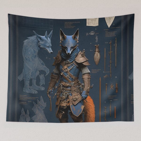 Item preview, Ancient Wolf ninja and weapons knolling blueprint designed and sold by Visual-wallart.