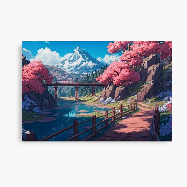 Item preview, Anime cherry blossoms forest towards mountains with river designed and sold by AI-Ericson.