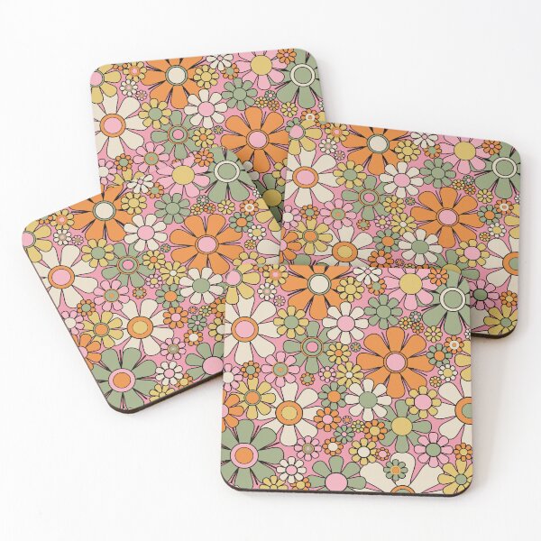 Item preview, Retro Garden Flowers Groovy 60s 70s Floral Pattern Pink Green Orange Yellow Cream Black designed and sold by kierkegaard.