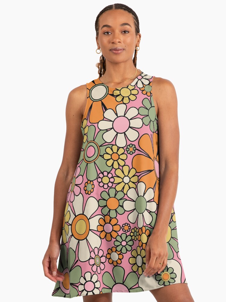 Retro Garden Flowers Groovy 60s 70s Floral Pattern Pink Green Orange Yellow Cream Black 1970s A-Line Dress Retro Garden Flowers Groovy 60s 70s Floral Pattern Pink Green Orange Yellow Cream Black 1970s A-Line Dress