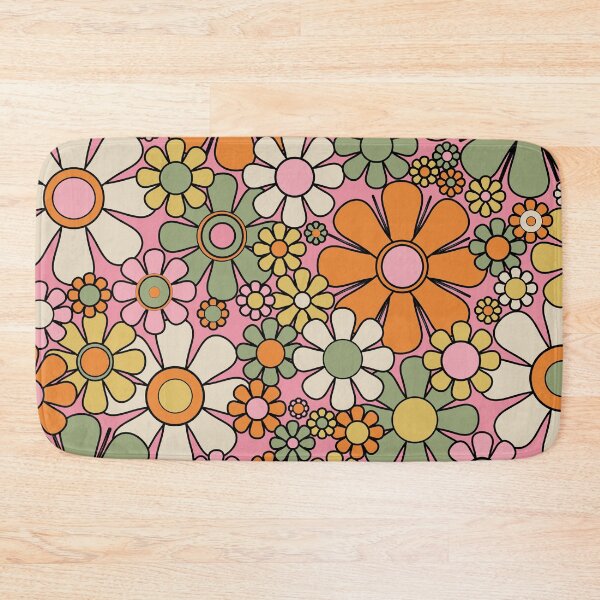 Item preview, Retro Garden Flowers Groovy 60s 70s Floral Pattern Pink Green Orange Yellow Cream Black designed and sold by kierkegaard.
