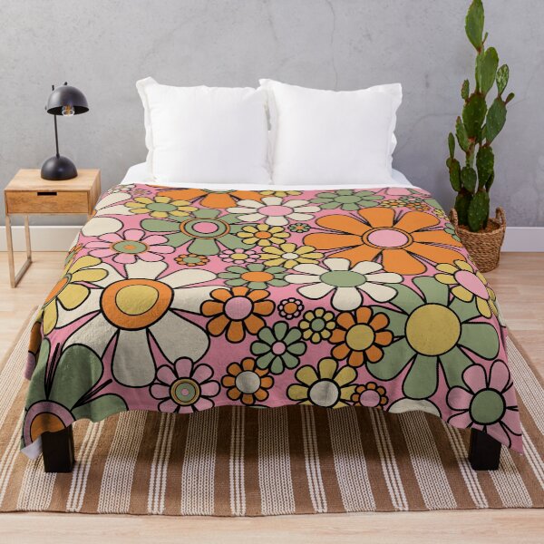Item preview, Retro Garden Flowers Groovy 60s 70s Floral Pattern Pink Green Orange Yellow Cream Black designed and sold by kierkegaard.