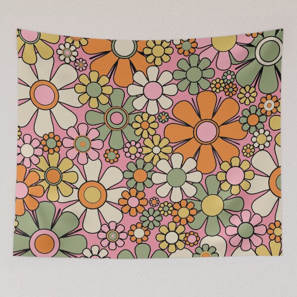 Item preview, Retro Garden Flowers Groovy 60s 70s Floral Pattern Pink Green Orange Yellow Cream Black designed and sold by kierkegaard.