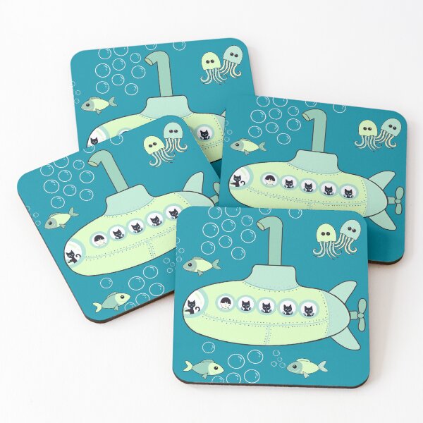 Item preview, Kitty green submarine adventure on teal designed and sold by QuirkyCatz.