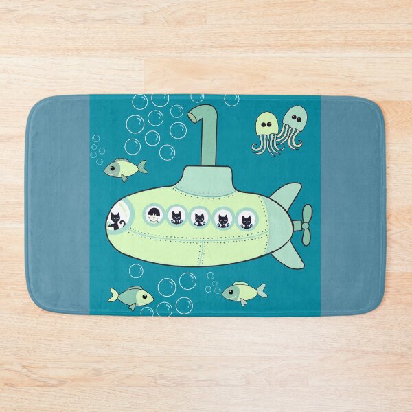 Item preview, Kitty green submarine adventure on teal designed and sold by QuirkyCatz.