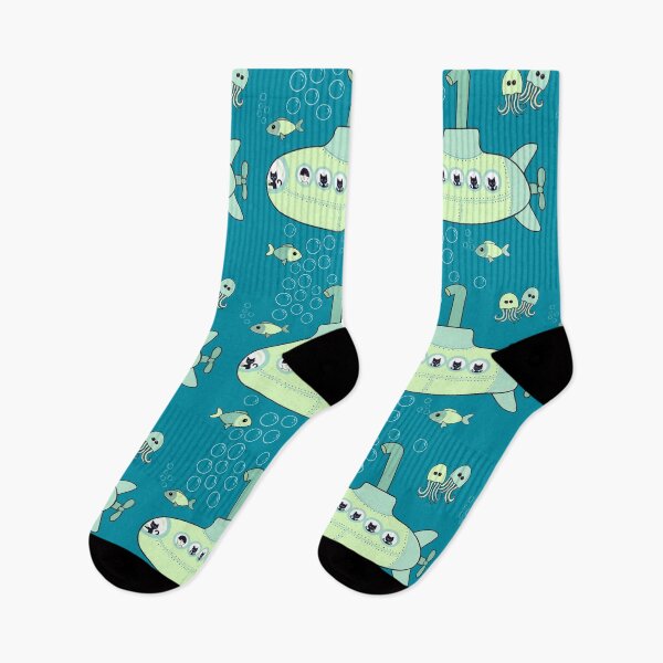 Item preview, Kitty green submarine adventure on teal designed and sold by QuirkyCatz.