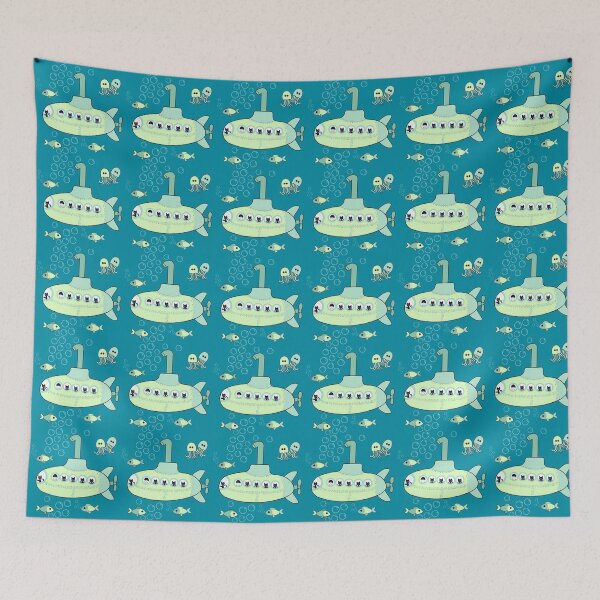 Item preview, Kitty green submarine adventure on teal designed and sold by QuirkyCatz.