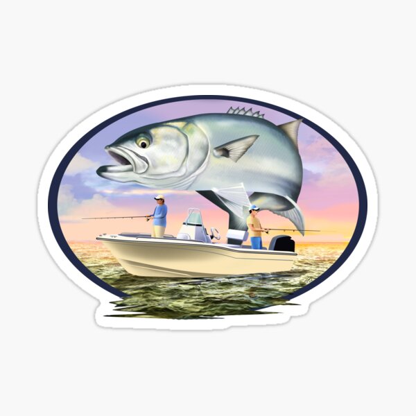 Bluefish over boat and anglers sunset Sticker for Sale by Mary Tracy