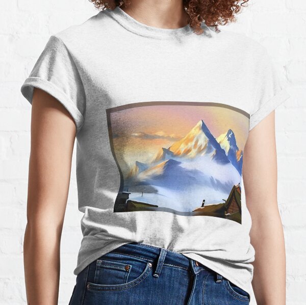 Winter, blue, sky, snow, cold, landscape, nature, mountain, illustration, cloud, white, hill, season, background, ice Classic T-Shirt