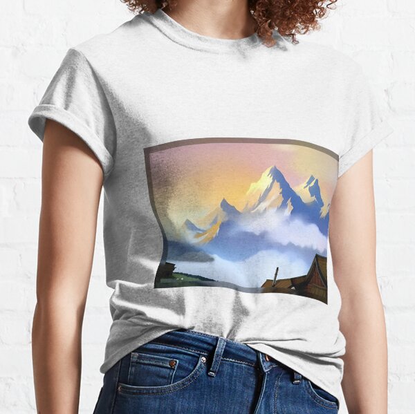 Nature, sky, sun, landscape, light, mountain, clouds, background, blue, sunrise, illustration, heaven, beautiful, scene, dawn Classic T-Shirt
