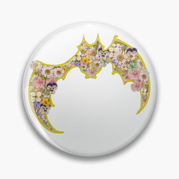 Item preview, floral spring-themed bat sticker, pin, magnet | layers of colorful pastel flowers against yellow-green designed and sold by DigitalEurydice.