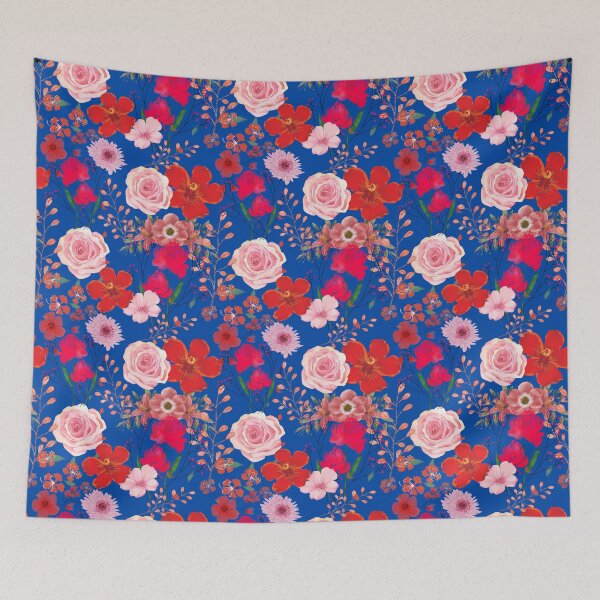 Item preview, Red and Pink Watercolour Flowers On Blue designed and sold by RiadMannan.