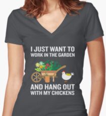 Funny Work In Garden Be With Chickens Colorful Floral Women's Fitted V-Neck T-Shirt