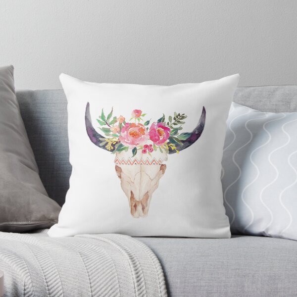 Bull skull with flower crown - hand painted watercolor Throw Pillow