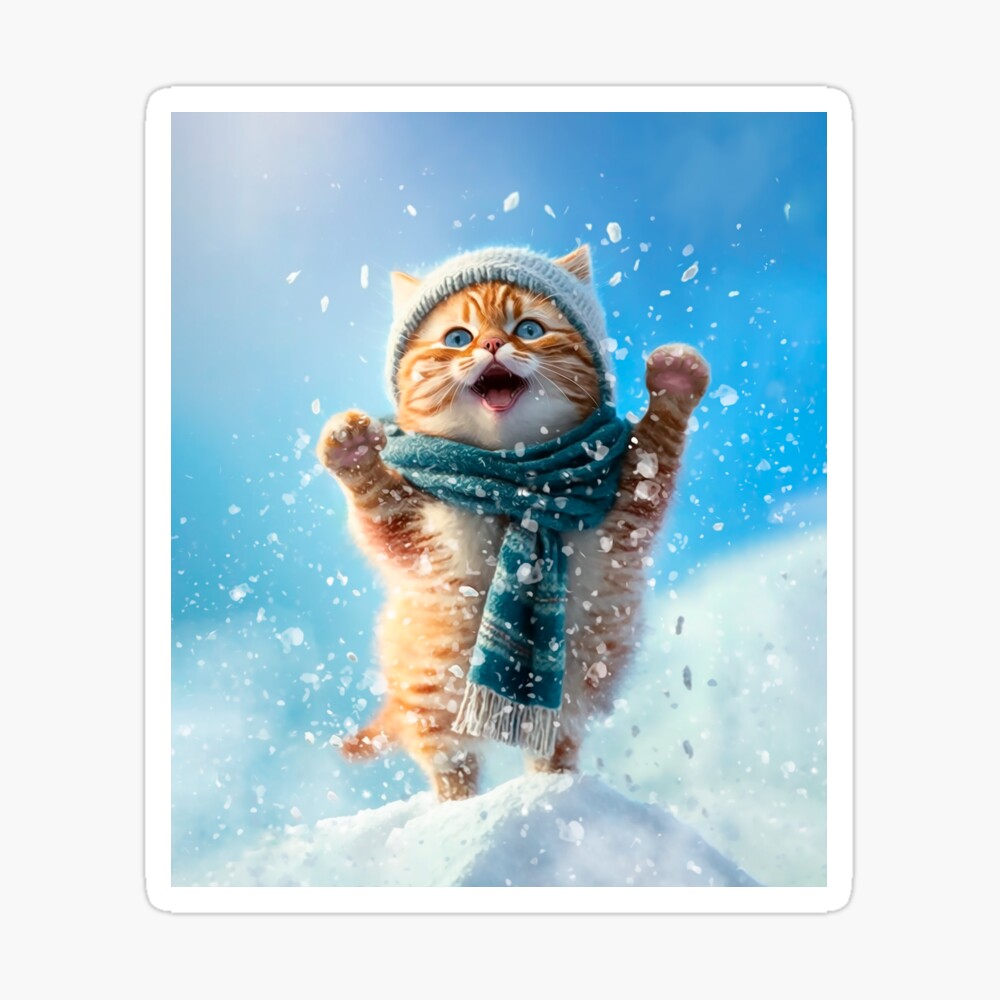 Happy cute kitten snow jump\