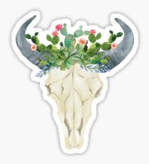 Bull skull with cacti crown - hand painted watercolor Sticker