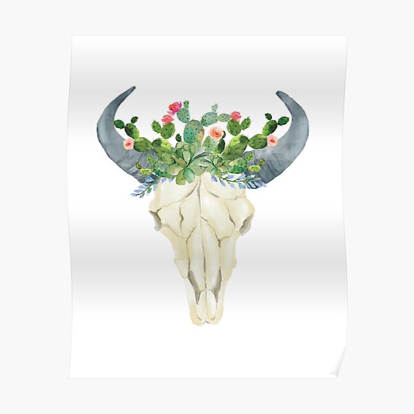 Bull skull with cacti crown - hand painted watercolor Poster
