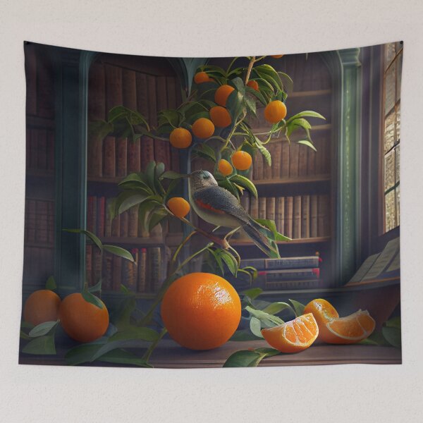 Aperçu de l'œuvre Rapidly Mandarins in the Library Digital Painting créée et vendue par CodeAndColors.