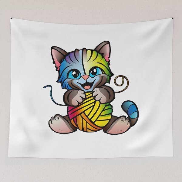 Item preview, Cute kitten with rainbow yarn ball designed and sold by EvergreenWhimsy.