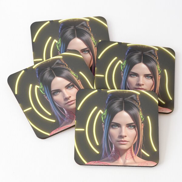 Artikelvorschau, Gelbe Neonlichter, futuristisches rosa Kleid, silberne Augen, schwarzes Haar - Damenkollektion entworfen und verkauft von SpektroDesign.