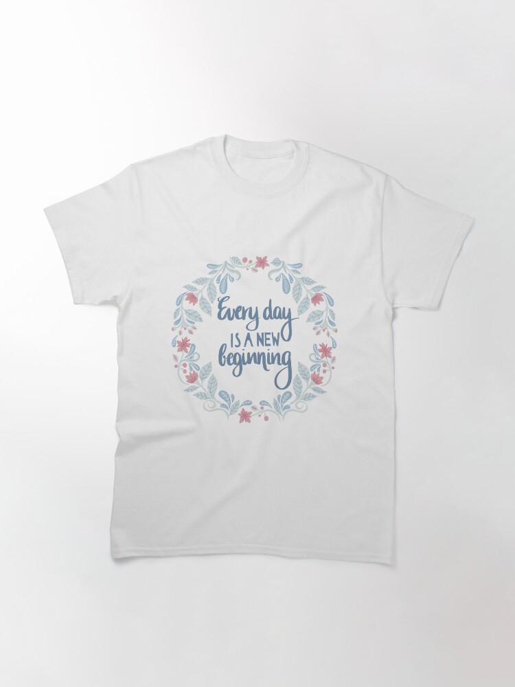 Thumbnail 3 von 7, Classic T-Shirt, Floral folkart yoga quote blue - every day is a new beginning designt und verkauft von lafortissima.