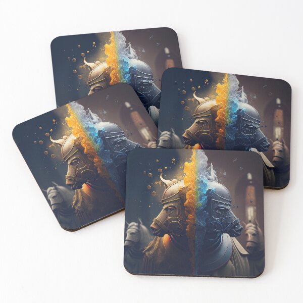 Item preview, Armor-clad Equine Warriors: A Majestic Art Piece of Two Horses in Blue and Orange designed and sold by BIBIHOX.