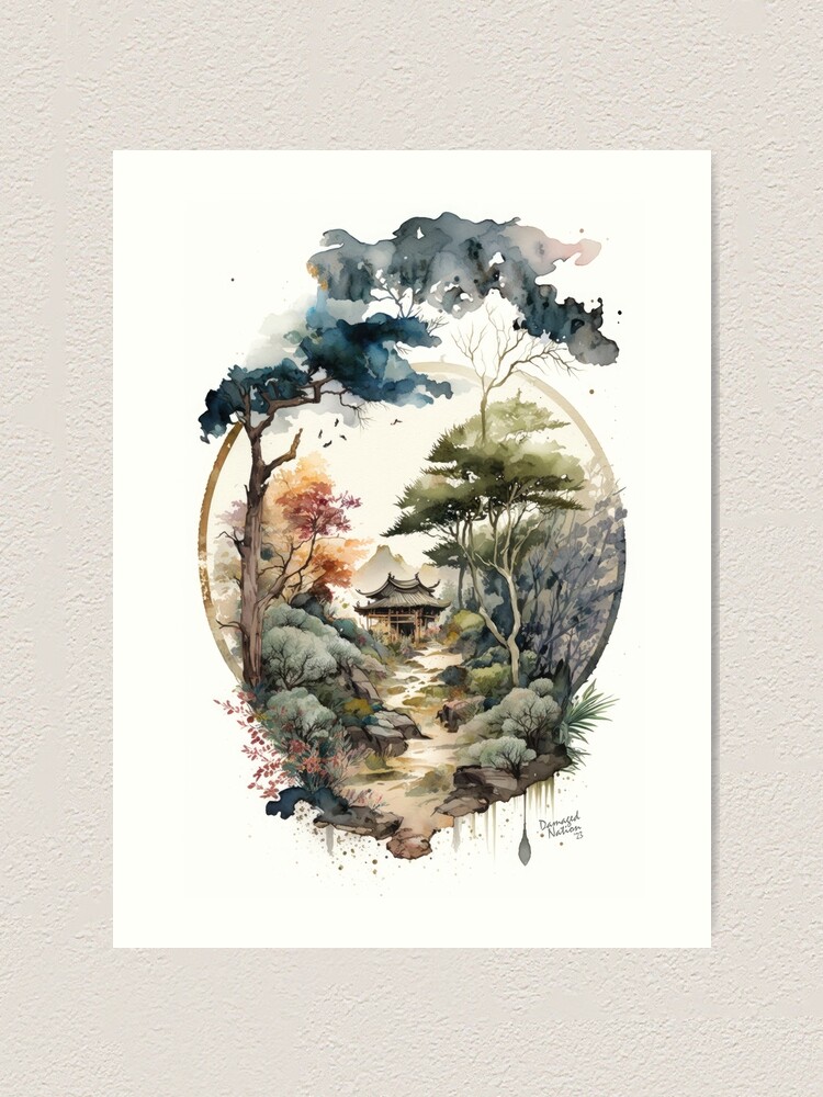 Japanese Watercolor Painting Oval Art Print for Sale by DamagedNation