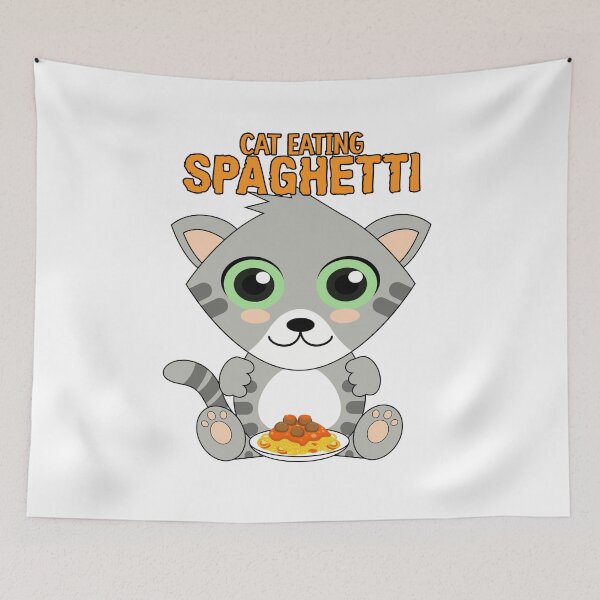 Item preview, cat eating spaghetti, funny cat meme designed and sold by Design_for_merch.