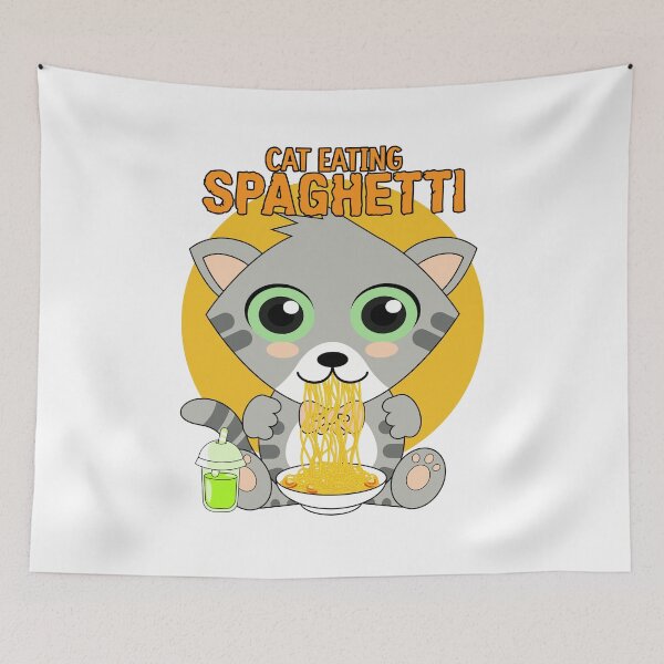 Item preview, cat eating spaghetti, funny cat meme designed and sold by Design_for_merch.