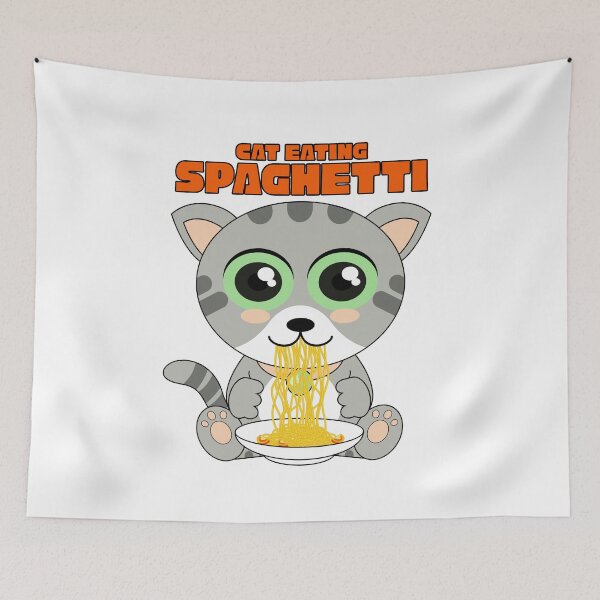 Aperçu de l'œuvre chat mangeant des spaghettis, mème de chat amusant créée et vendue par Design_for_merch.