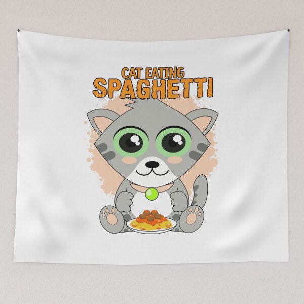 Aperçu de l'œuvre chat mangeant des spaghettis, mème de chat amusant créée et vendue par Design_for_merch.