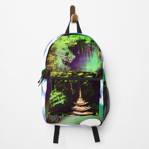 Item preview, Stunning image of a waterfall and colorful garden next to a temple. designed and sold by MusicalArtisty.