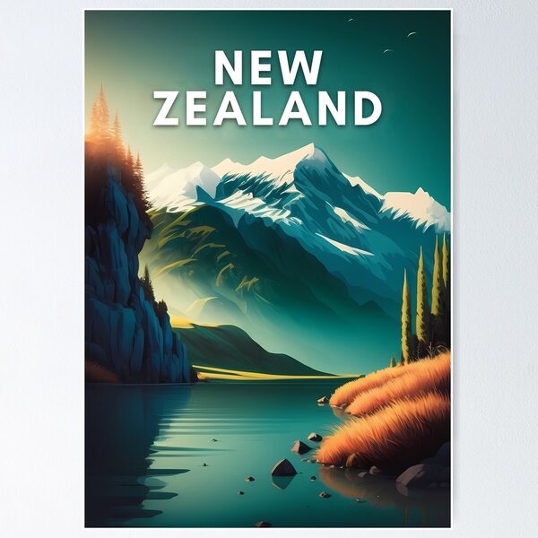 Item preview, New Zealand traditional travel print - New Zealand poster, New Zealand mountains designed and sold by Artfully-Yours-.