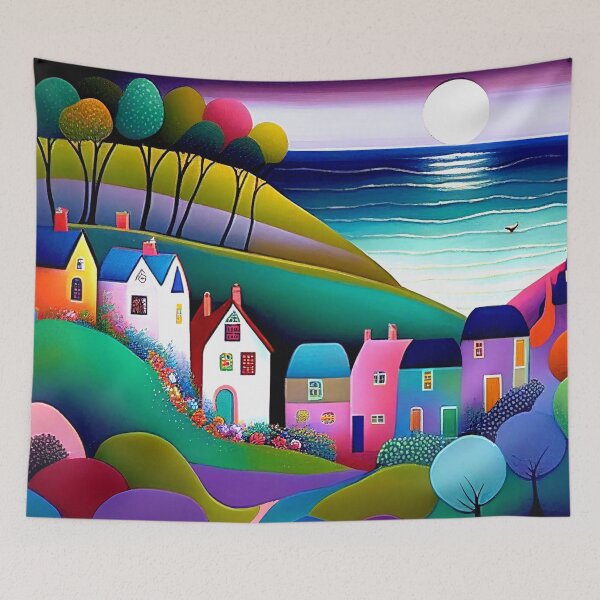 Item preview, Sweet little coastal village painting, little village art designed and sold by Orianah.