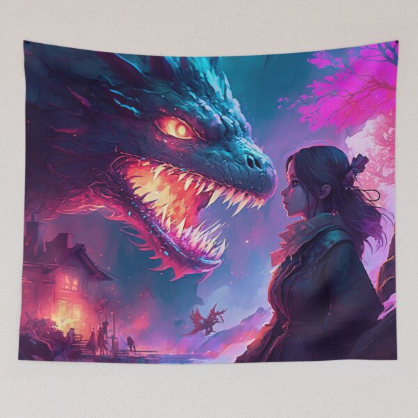 Item preview, cute girl  faces a big dragon like game of thrones television serie - smoke and fire designed and sold by Art Store Stickers.
