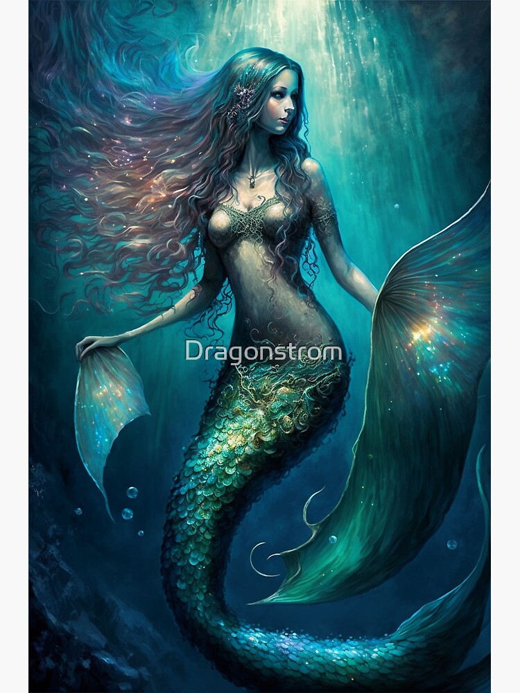 Iridescent Green Mermaid (aka Siren, Neried) with Sparkling Flowing Hair |  Poster